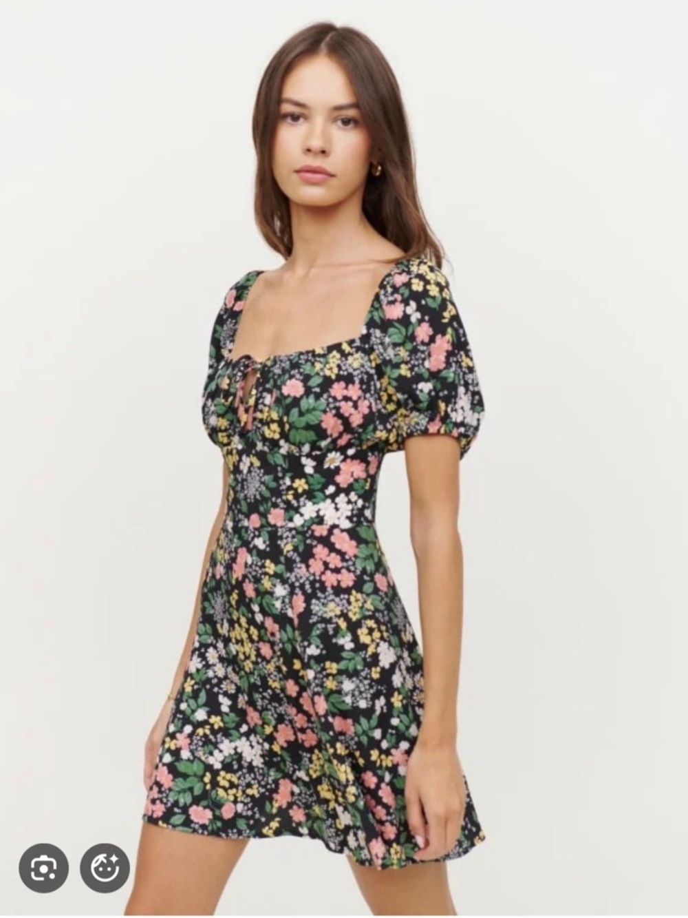 Reformation “Corbin” Black Floral Square-Neck Puff Sleeve Mini Dress